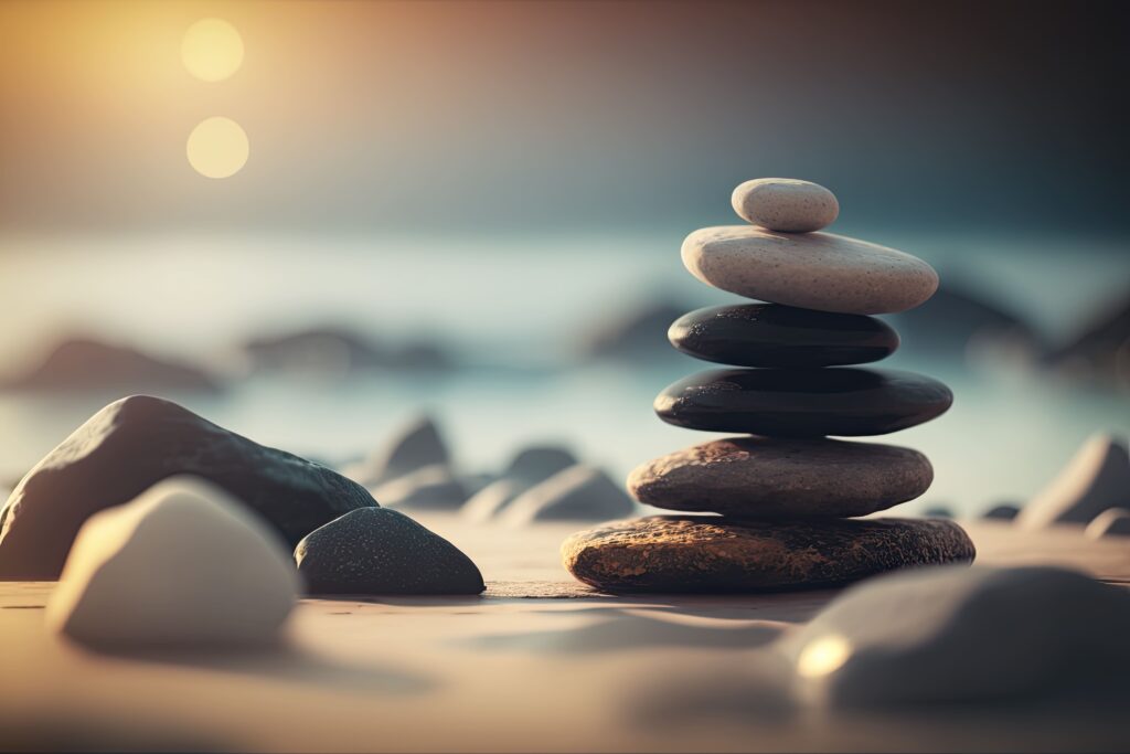 Strona główna zen stones balanced beach sunrise light meditation relaxation ai generative (1)